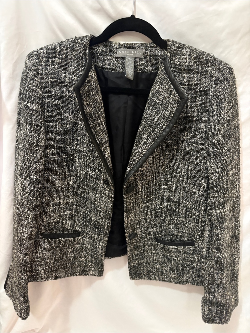 Kate Hill Black and White Tweed Blazer with Faux Leather Trim